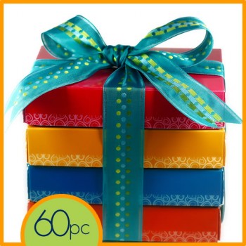 60 pieces of decadent chocolate truffles in a Cocopotamus chocolate gift box.  All Cocopotamus chocolate truffles are handmade, all natural and gluten-free.
(ribbon shown not included)
