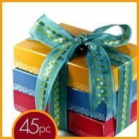 45 pieces of decadent chocolate truffles in a Cocopotamus chocolate gift box.  All Cocopotamus chocolate truffles are handmade, all natural and gluten-free.
(ribbon shown not included)